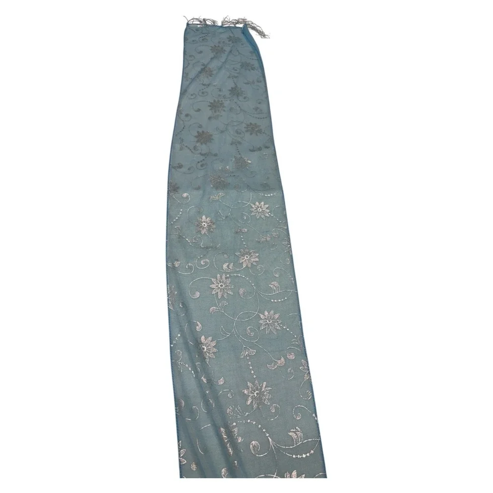 Blue Floral Womens Scarf Lightweight Sheer Wrap with Fringe 58x8‎
